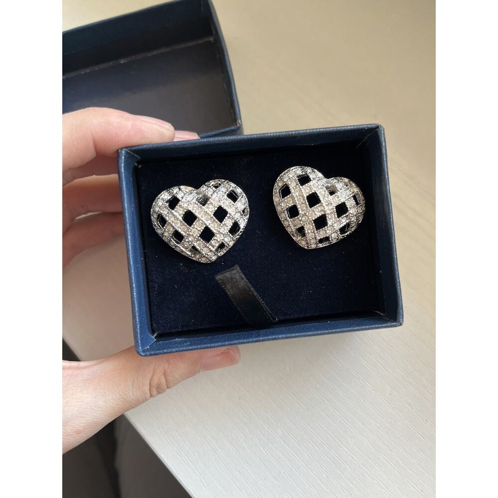 Silver Tone Clear Rhinestone Heart Clip Earrings Vintage - Picture 4 of 5